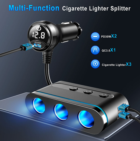Model TC0021 Car Charger with 2 USB-C & 1 USB-A Ports