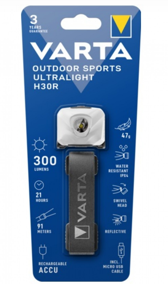 Varta Outdoor Sports Ultralight H30R Rechargeable Headlamp 300 Lumens